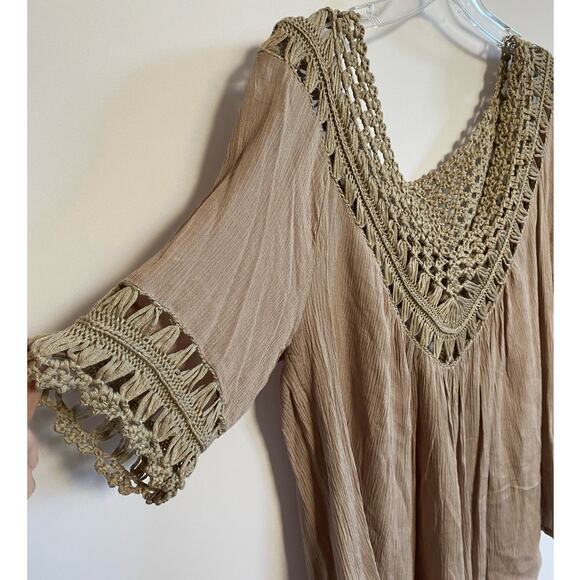 My Emblem Young Contemporary Macrame Crochet Taupe‎ Brown Tunic Blouse M NWT - Picture 5 of 12